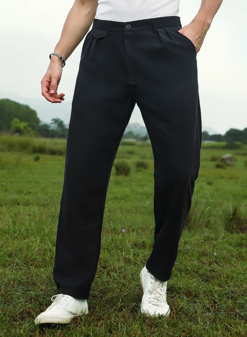 Campus Sutra Men's Onyx Black Velvique Tailored Trousers For Casual Wear | Mid-Rise | Regular Fit | Button Closure | Trousers Crafted With Comfort Fit For Everyday Wear